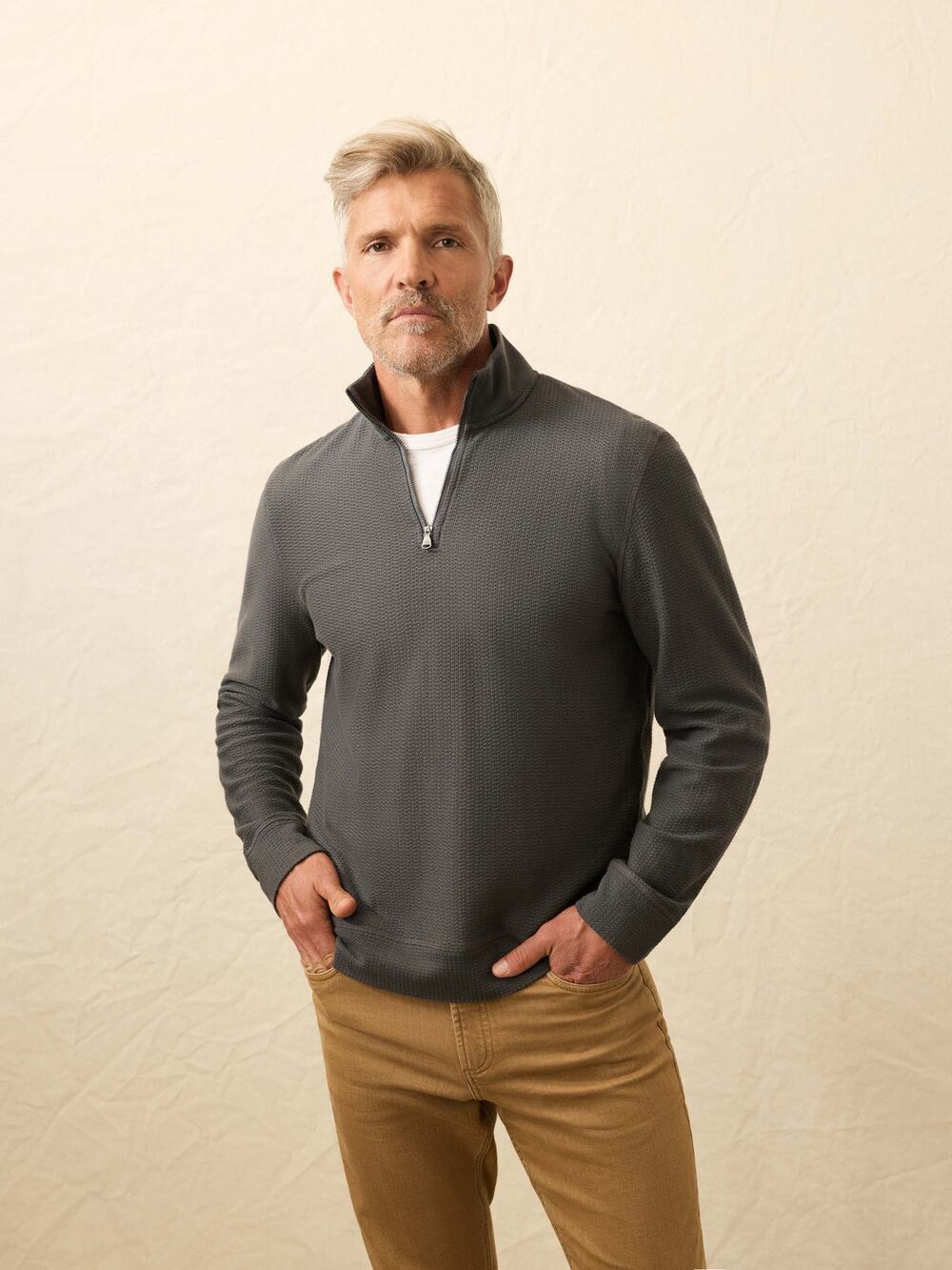 Faherty Men's Textured Charcoal Grey Long Sleeve Casual Quarter Zip Pullover XL